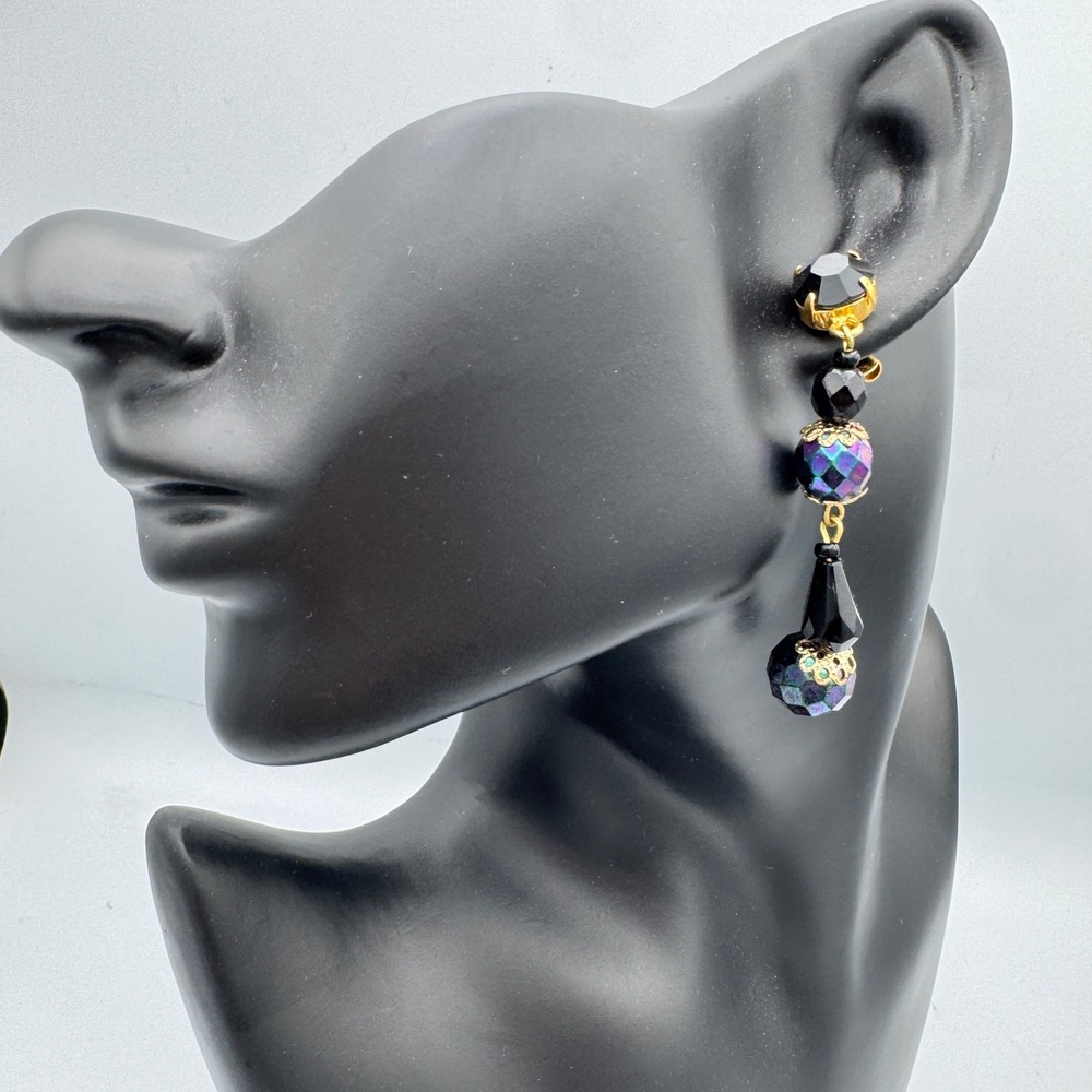Gantos Vintage Black Purple Beaded Drop Dangle Earrings Gold Tone Iridescent